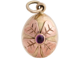 RUSSIAN 14K GOLD AND RUBY EGG PENDANT WITH CLOVER