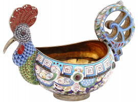 RUSSIAN SILVER ENAMEL KOVSH IN FORM OF COCKEREL