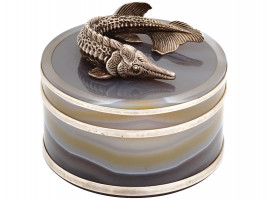 RUSSIAN SILVER CARVED AGATE STURGEON CAVIAR JAR