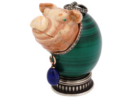 RUSSIAN SILVER MALACHITE EGG WITH JASPER PIG HEAD