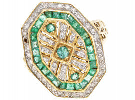 VINTAGE 18K GOLD EMERALD DIAMOND STATEMENT RING