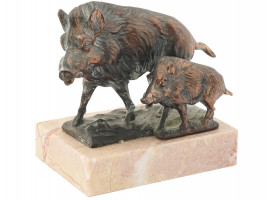 ANTIQUE BRONZE BOAR FIGURINES ON MARBLE BASE