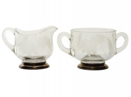 STERLING SILVER GLASS SUGAR BOWL AND CREAMER SET