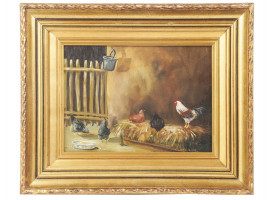 MIDCENT OIL PAINTING CHICKEN COOP BY C. DEL RIO Q