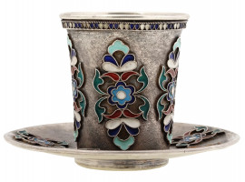 RUSSIAN SILVER CLOISONNE ENAMEL CUP AND SAUCER