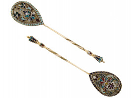 RUSSIAN GILT SILVER CLOISONNE ENAMEL TEA SPOONS