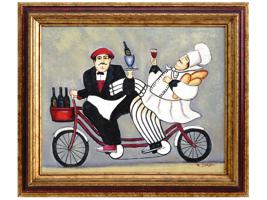 FRENCH CHEF ON A BICYCLE SIGNED OIL PAINTING