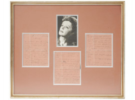 EDITH PIAF FRAMED PHOTO AND HAND WRITTEN LETTERS