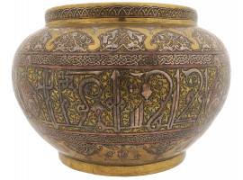LARGE 19TH CEN SYRIAN SILVER INLAID COPPER BOWL