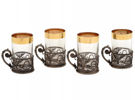 RUSSIAN FABERGE SILVER TEA HOLDERS WITH GLASSES