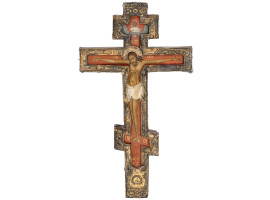 ANTIQUE RUSSIAN ORTHODOX WOOD CROSS IN GILT RIZA