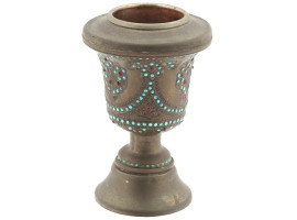 ANTIQUE PERSIAN BRASS TURQUOISE RUBY HOOKAH BOWL