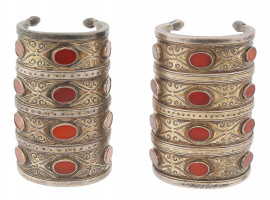 ANTIQUE TURKMEN SILVER CARNELIAN CUFF BRACELETS