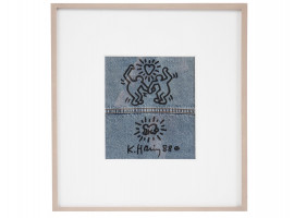 1988 MARKER PAINTING JEANS ON CLOTH BY KEITH HARING