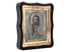 RUSSIAN CHRIST ICON IN SILVER RIZA AND KIOT FRAME