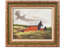 MID CENT OIL PAINTING OF RED BARN BY J. RUXTON