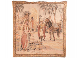 ANTIQUE ORIENTAL MOVIE SCENE EMBROIDERED TAPESTRY