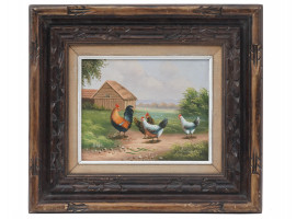 FRAMED VINTAGE OIL PAINTING OF CHICKENS BY BALE