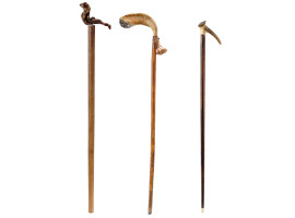 COLLECTION OF THREE HAND CARVED WOOD WALKING CANE