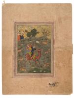 ANTIQUE PERSIAN MINATURE PAINTING HUNTING SCENE