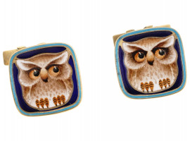 RUSSIAN SILVER GILT PAINTED ENAMEL OWL CUFFLINKS