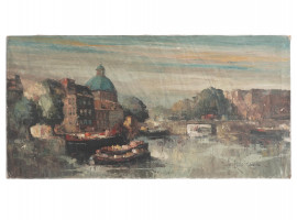 MID CENTURY DUTCH CITYSCAPE OIL PAINTING SIGNED