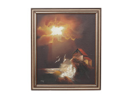 FRAMED NIGHT SEASCAPE OIL PAINTING BY E. ASTER