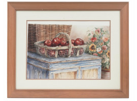 VINTAGE FRAMED ART PRINT WITH BASKET OF APPLES