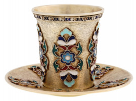 RUSSIAN GILT SILVER ENAMEL TEA CUP AND SAUCER