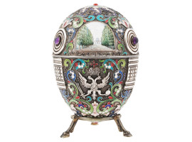 RUSSIAN SILVER ENAMEL EGG W MINIATURES AND STAND