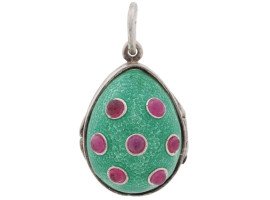 RUSSIAN SILVER ENAMEL AND RUBY EGG LOCKET PENDANT