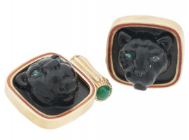 RUSSIAN SILVER ENAMEL DIAMOND PANTHER CUFFLINKS