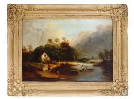 ANTIQUE 19TH C VILLAGE LANDSCAPE OIL PAINTING