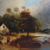 ANTIQUE 19TH C VILLAGE LANDSCAPE OIL PAINTING PIC-1