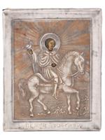 RUSSIAN TRAVEL SAINT TRYPHON ICON IN SILVER OKLAD