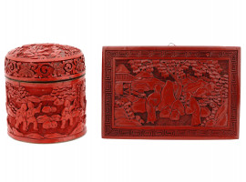 ANTIQUE CHINESE QING RED CINNABAR BOX AND PLAQUE