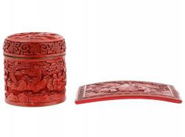 ANTIQUE CHINESE QING RED CINNABAR BOX AND PLAQUE