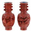 ANTIQUE CHINESE QING RED CARVED CANNIBAR VASES PIC-0