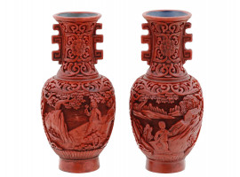 ANTIQUE CHINESE QING RED CARVED CANNIBAR VASES