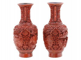 ANTIQUE CHINESE QING RED CARVED CANNIBAR VASES