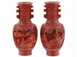 ANTIQUE CHINESE QING RED CARVED CANNIBAR VASES