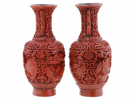 ANTIQUE CHINESE QING RED CARVED CANNIBAR VASES