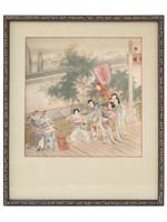 CHINESE GEISHA WATERCOLOR PAINTING ON SILK FRAMED