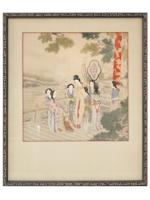 CHINESE GEISHA WATERCOLOR PAINTING ON SILK FRAMED