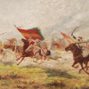 ANTIQUE ORIENTAL OIL PAINTING OF HORSE ATTACK PIC-1