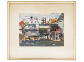 SIGNED MID CENTURY PAINTING OF HOUSES ON WATER