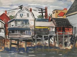 SIGNED MID CENTURY PAINTING OF HOUSES ON WATER