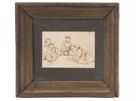 ANTIQUE 19TH C DUTCH ETCHING OF CHILDREN SIGNED