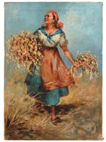 ITALIAN SOCIALIST REALISM HARVESTING OIL PAINTING