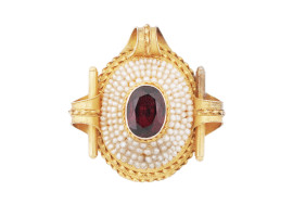 14K GOLD PENDANT WITH SEED PEARLS AND GARNET